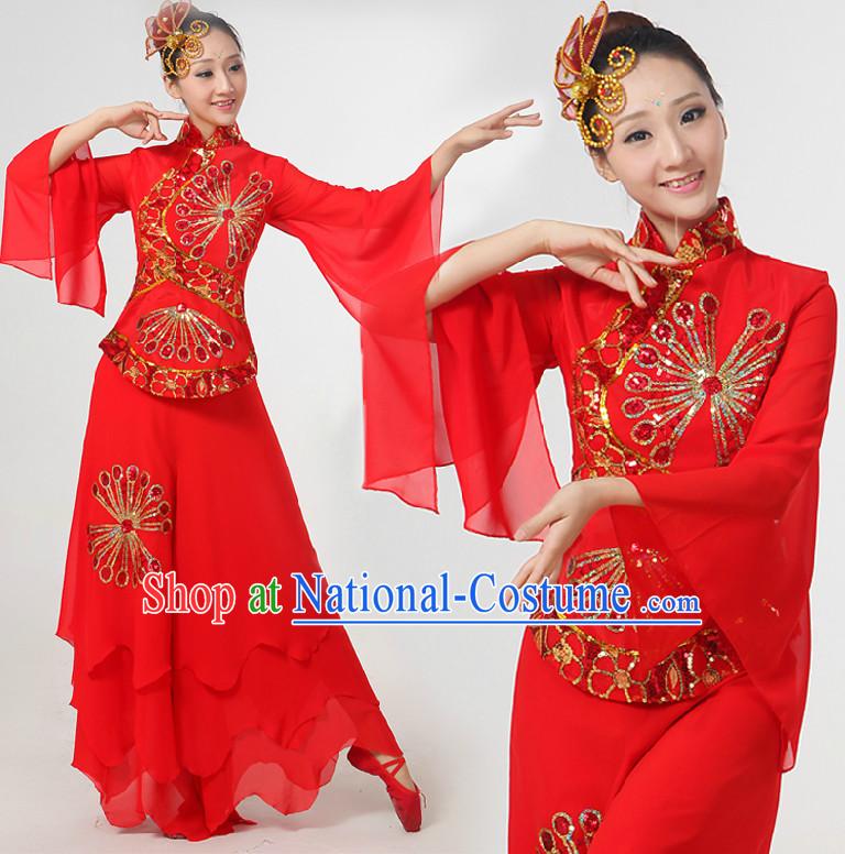 Chinese Festival Dance Costumes Ribbon Dancing Costume Dancewear China Dress Dance Wear and Hair Accessories Complete Set