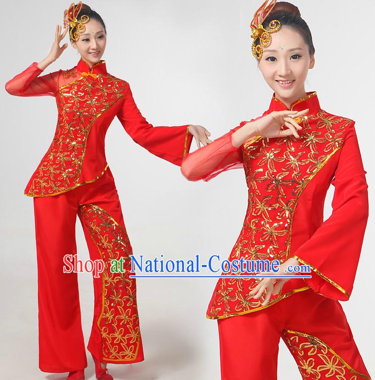 Chinese Festival Dance Costumes Ribbon Dancing Costume Dancewear China Dress Dance Wear and Hair Accessories Complete Set