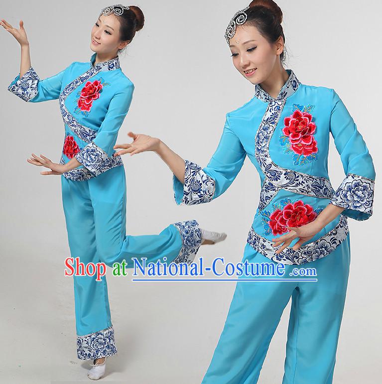 Chinese Handkerchief Dance Costumes Ribbon Dancing Costume Dancewear China Dress Dance Wear and Hair Accessories Complete Set