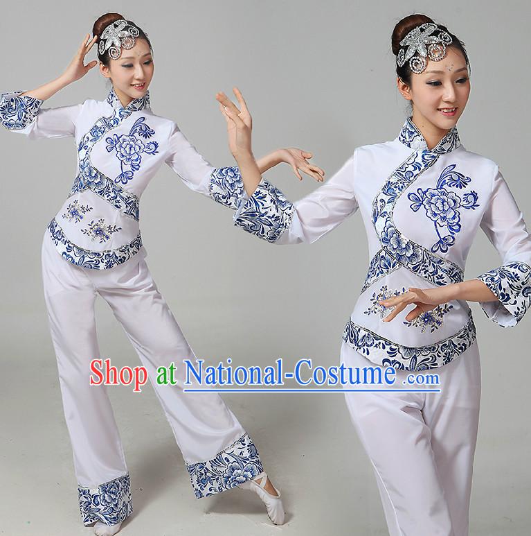 Chinese Handkerchief Dance Costumes Ribbon Dancing Costume Dancewear China Dress Dance Wear and Hair Accessories Complete Set