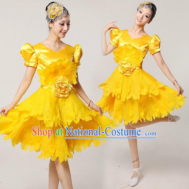 Chinese Stage Dance Costumes Ribbon Dancing Costume Dancewear China Dress Dance Wear and Hair Accessories Complete Set