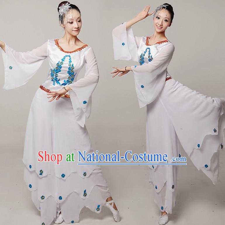 Chinese Stage Dance Costumes Ribbon Dancing Costume Dancewear China Dress Dance Wear and Hair Accessories Complete Set