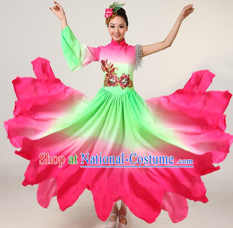 Color Transition Chinese Dance Costumes Competition Costumes Dancewear China Dress Dance Wear and Headpieces Complete Set