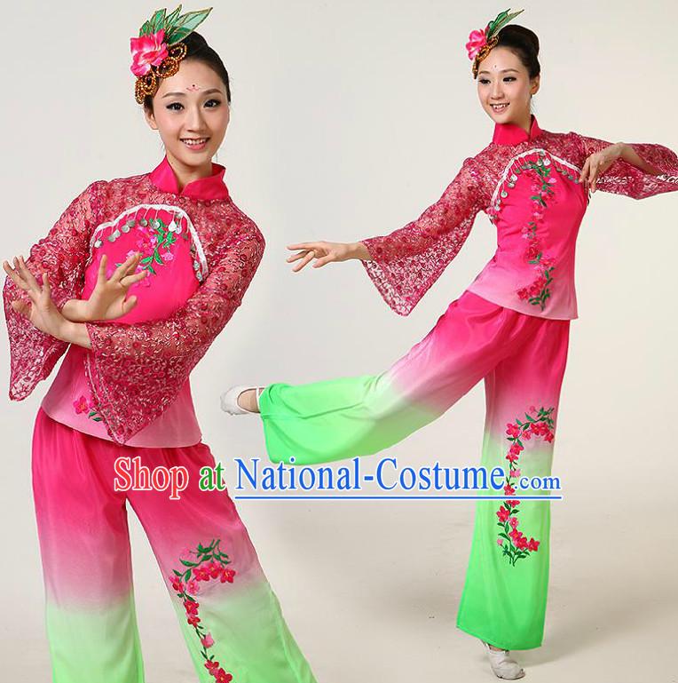 Chinese Dance Costumes Competition Costumes Dancewear China Dress Dance Wear and Headpieces Complete Set