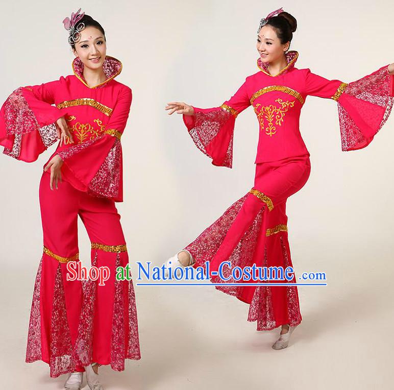 Chinese Dance Costumes Competition Costumes Dancewear China Dress Dance Wear and Headpieces Complete Set