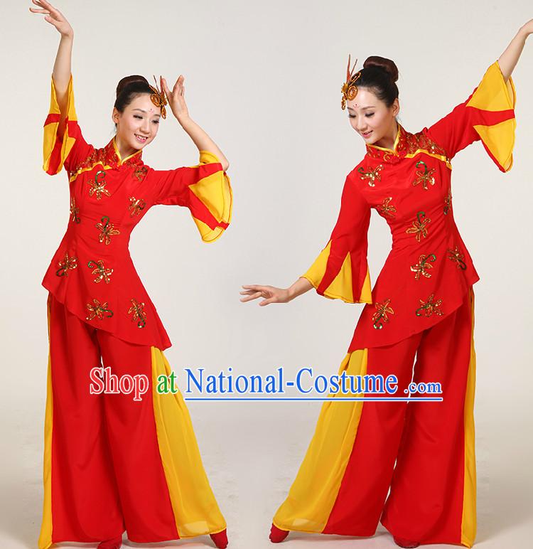 Chinese Dance Costumes Competition Costumes Dancewear China Dress Dance Wear and Headpieces Complete Set