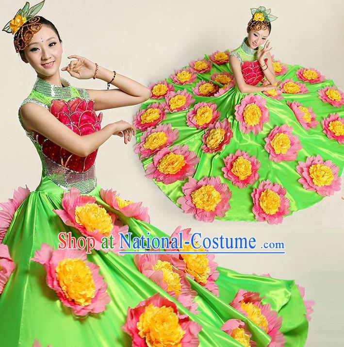 Chinese Flower Dance Costume Competition Costumes Dancewear China Dress Dance Wear and Headpieces Complete Set