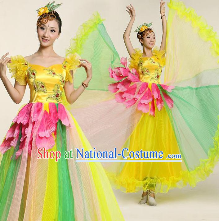 Chinese Flower Dance Costume Competition Costumes Dancewear China Dress Dance Wear and Headpieces Complete Set