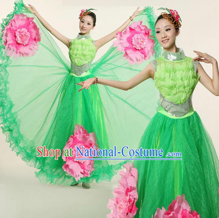 Chinese Flower Dance Costume Competition Costumes Dancewear China Dress Dance Wear and Headpieces Complete Set