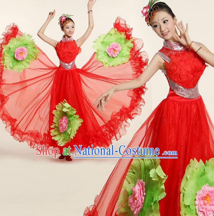 Chinese Flower Dance Costume Competition Costumes Dancewear China Dress Dance Wear and Headpieces Complete Set