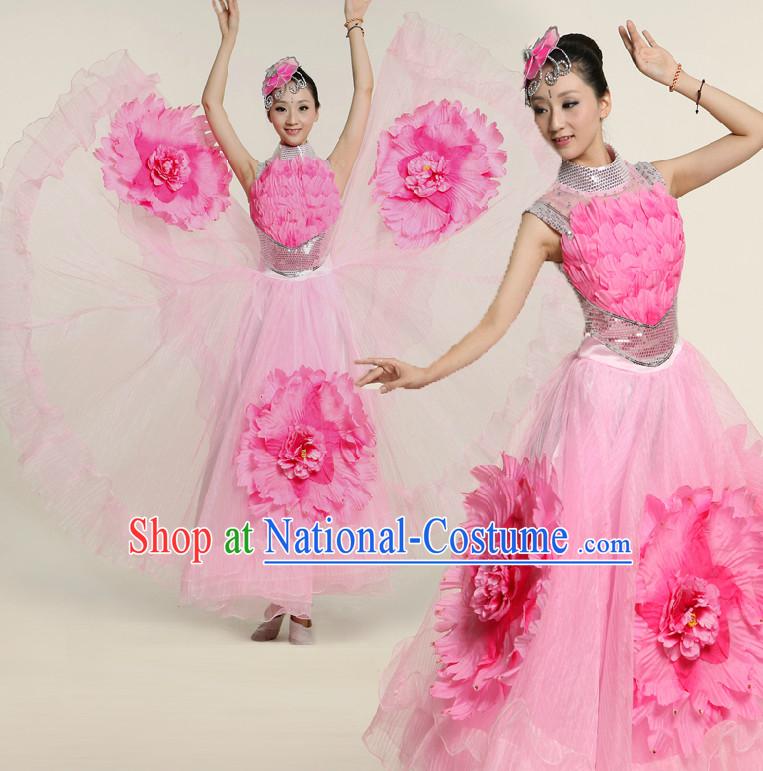 Asian Pink Flower Dance Costume Competition Costumes Dancewear China Dress Dance Wear and Headpieces Complete Set