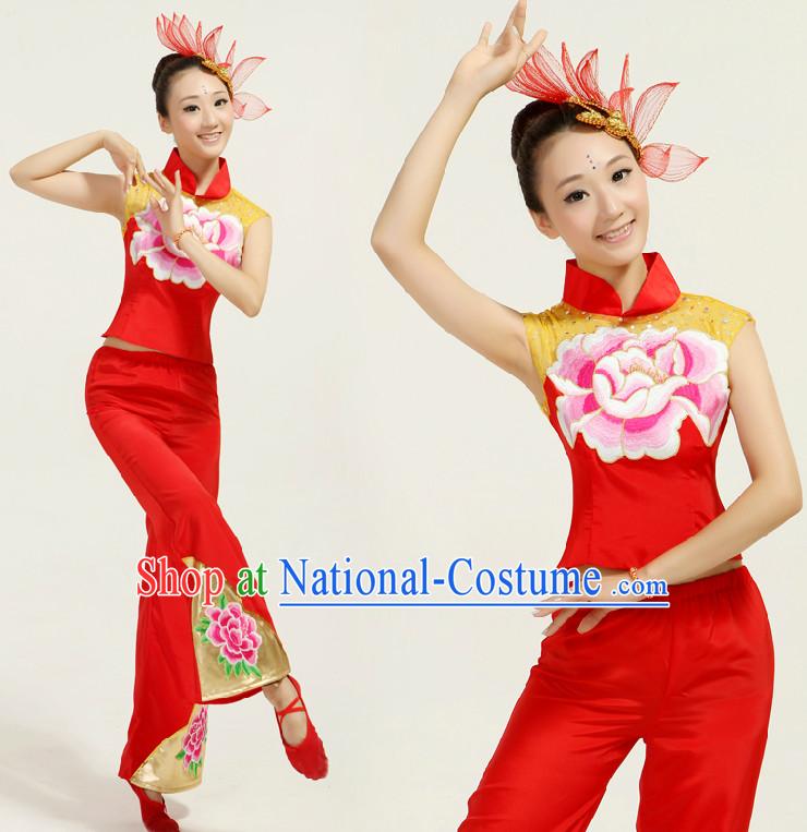 Asian Dance Costume Competition Costumes Dancewear China Dress Dance Wear and Headpieces Complete Set