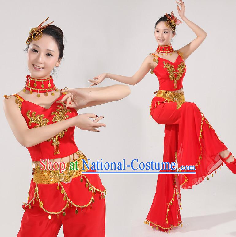 Asian Dance Costume Competition Costumes Dancewear China Dress Dance Wear and Headpieces Complete Set