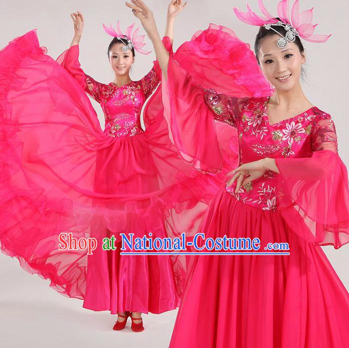 Asian Dance Costume Competition Costumes Dancewear China Dress Dance Wear and Headpieces Complete Set