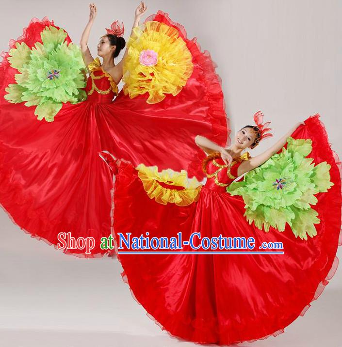 Asian Dance Costume Competition Costumes Dancewear China Dress Dance Wear and Headpieces Complete Set