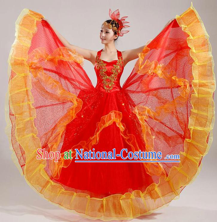 Asian Dance Costume Group Dance Costumes Dancewear China Dress Dance Wear and Headpieces Complete Set