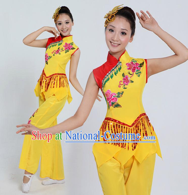 Asian Folk Dance Costume Group Dance Costumes Dancewear China Dress Dance Wear and Headpieces Complete Set