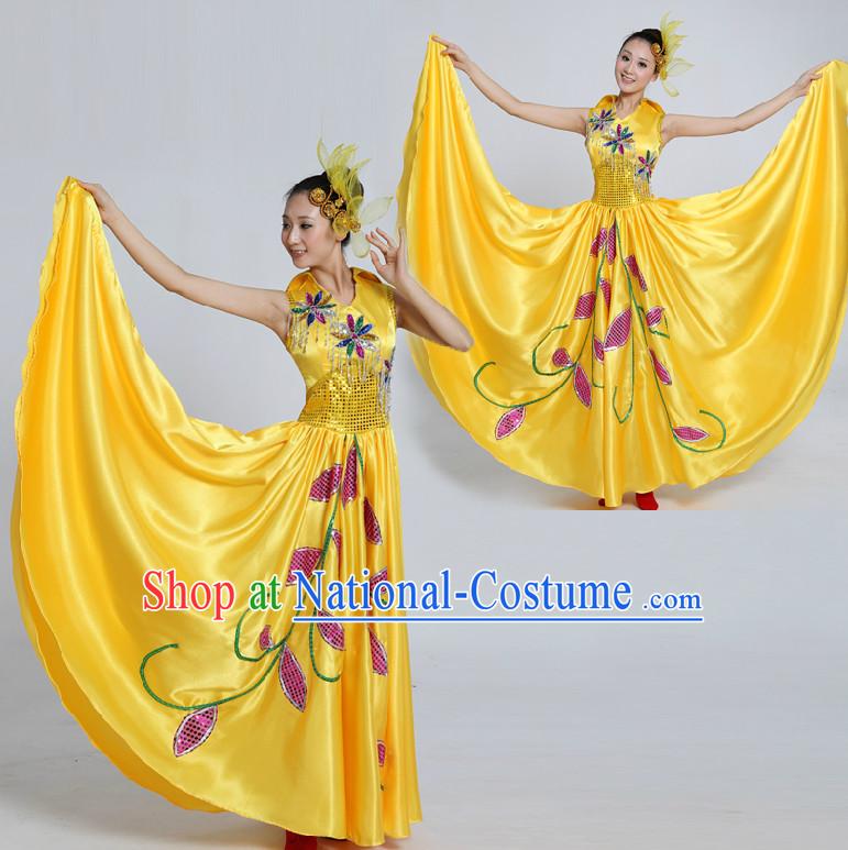 Asian Folk Dance Costume Group Dance Costumes Dancewear China Dress Dance Wear and Headpieces Complete Set