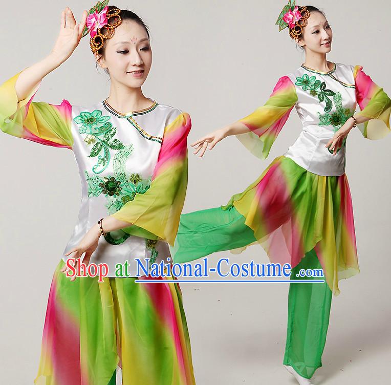 Chinese Stage Dance Costumes Ribbon Dancing Costume Dancewear China Dress Dance Wear and Hair Accessories Complete Set