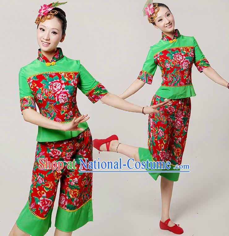 Chinese Stage Dance Costumes Ribbon Dancing Costume Dancewear China Dress Dance Wear and Hair Accessories Complete Set