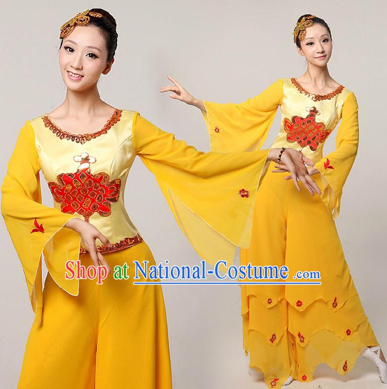 Chinese Folk  Dance Costumes Ribbon Dancing Costume Dancewear China Dress Dance Wear and Hair Accessories Complete Set