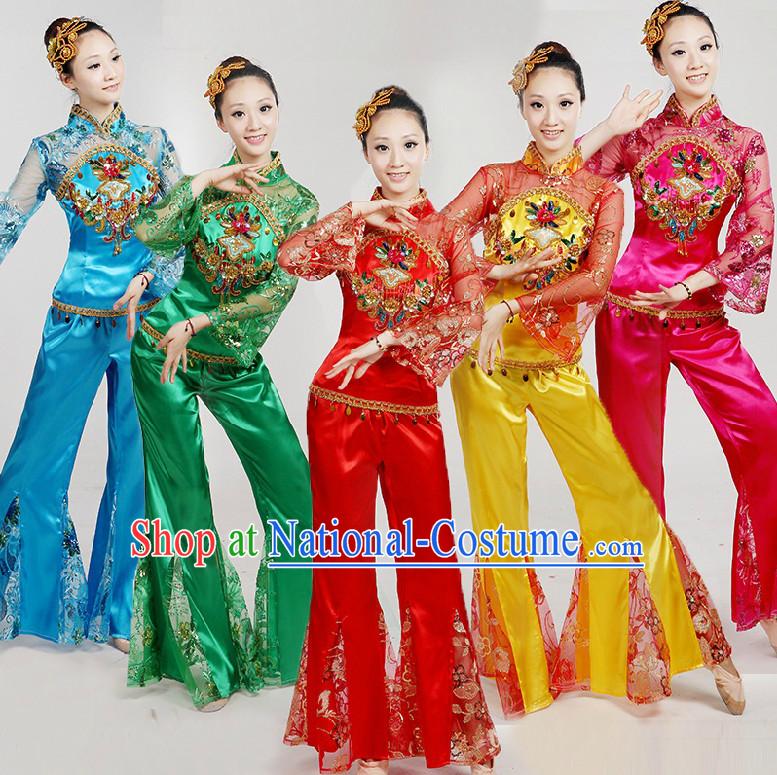 Chinese Folk Dance Costumes Ribbon Dancing Costume Dancewear China Dress Dance Wear and Hair Accessories Complete Set