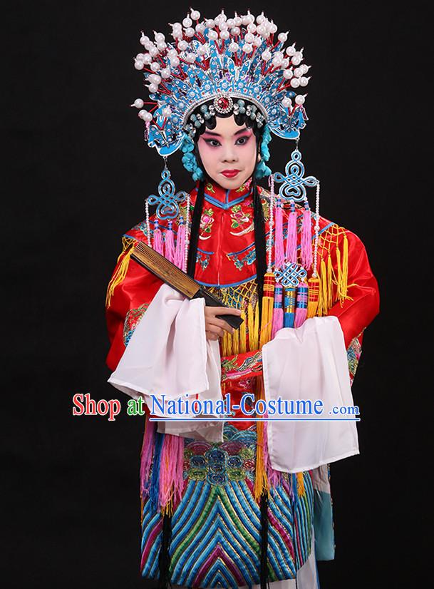 Whtie Ancient Chinese Embroidered Phoenix Opera Clothing and Phoenix Crown Helmet Complete Set for Kids Girls