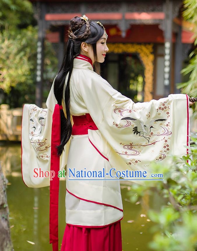 Chinese Ancient Hanfu Dress Crane Embroidery and Headpieces Complete Set for Women