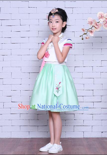 Korean Children Dress Traditional Girl Clothes Princess Stage Show Costumes Kids Formal Attire Dancing White Top Green Skirt