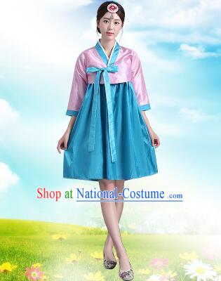 Korean Traditional Dress Women Costumes Bride Dress Clothes Korean Full Dress Formal Attire Ceremonial Dress Court Stage Dancing Pink Top Blue Skirt