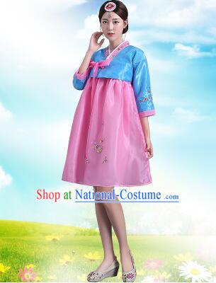 Korean Traditional Dress Women Costumes Bride Dress Clothes Korean Full Dress Formal Attire Ceremonial Dress Court Stage Dancing Blue Top Pink Skirt