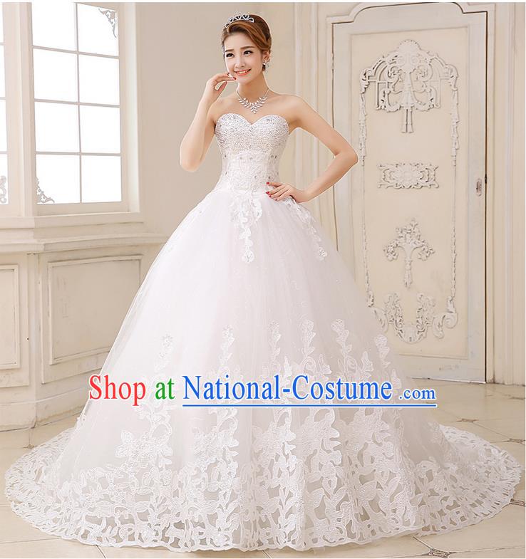 Traditional Chinese Bride Strapless Wedding Dress, Chapel Train Wedding Gown Wedding Dress for Women