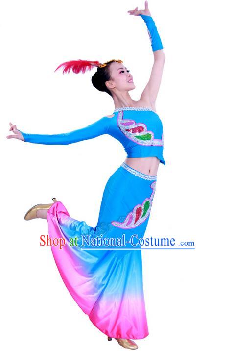 Traditional Chinese Dai nationality Peacock Dancing Costume, Folk Dance Ethnic Costume, Chinese Minority Nationality Dancing Costume for Women