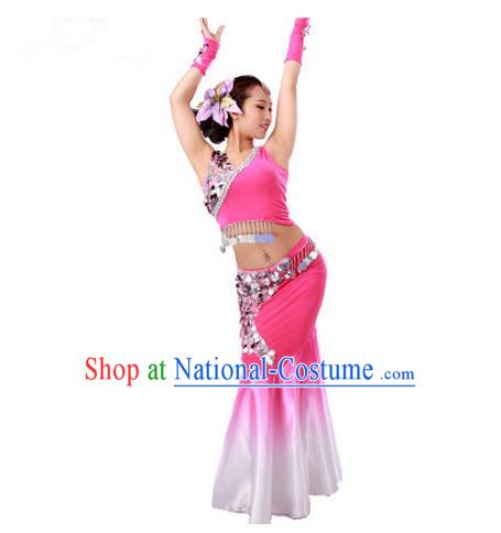 Traditional Chinese Dai nationality Peacock Dancing Costume, Folk Dance Ethnic Fish Tail Costume, Chinese Minority Nationality Dancing Costume for Women