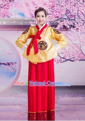 Korean Traditional Dress Women Girl Dancing Stage Ceremonial Dress Yellow Top Red Skirt