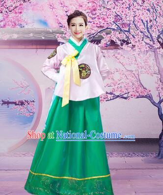 Korean Traditional Dress Women Girl Dancing Stage Ceremonial Dress White Top Green Skirt