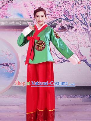 Korean Traditional Dress Women Girl Dancing Stage Ceremonial Dress Green Top Red Skirt