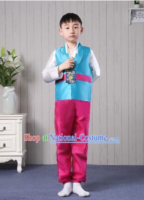 Korean Traditional Dress for Children Boy Clothes Kid Costumes Stage Show Dancing Blue Top Red Pants