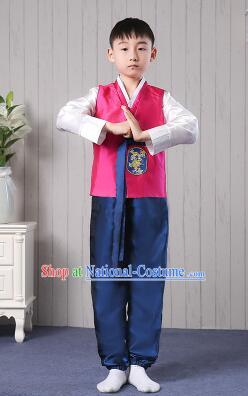 Korean Traditional Dress for Children Boy Clothes Kid Costumes Stage Show Dancing Red Top BluePants