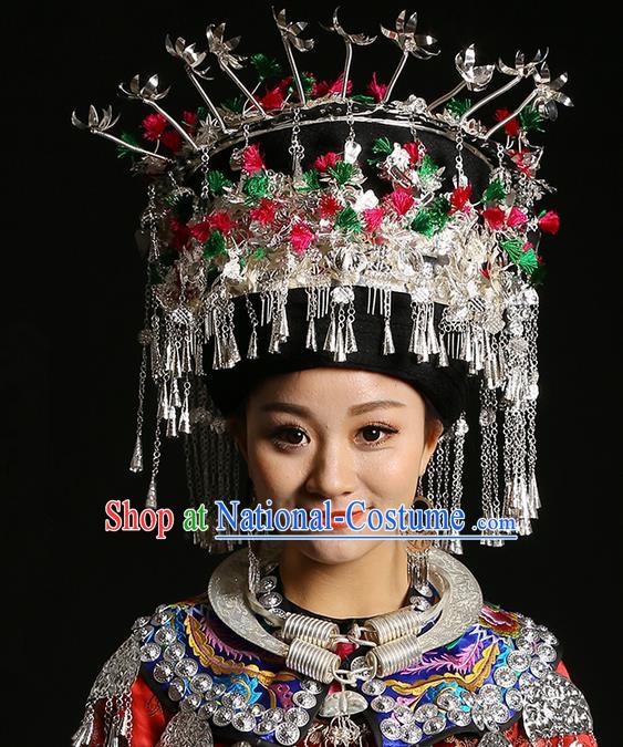 Traditional Chinese Miao Nationality Wedding Accessories Crown, Hmong Female Wedding Ethnic QingSiPa Silver Headwear, Chinese Minority Nationality Hat for Women