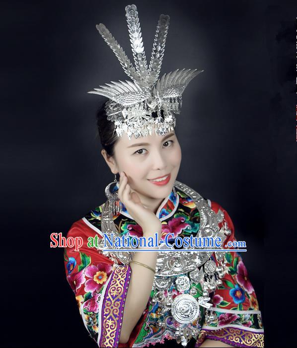 Traditional Chinese Miao Nationality Wedding Accessories Peacock Crown, Hmong Female Wedding Ethnic Silver Phoenix Headwear, Chinese Minority Nationality Hat for Women