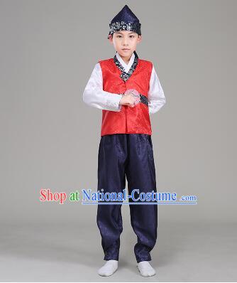 Korean Traditional Dress For Boys Children Clothes Kid Costume Stage Show Dancing Halloween Red Top Blue Pants