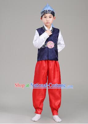 Korean Traditional Dress For Boys Children Clothes Kid Costume Stage Show Dancing Halloween Blue Top Red Pants