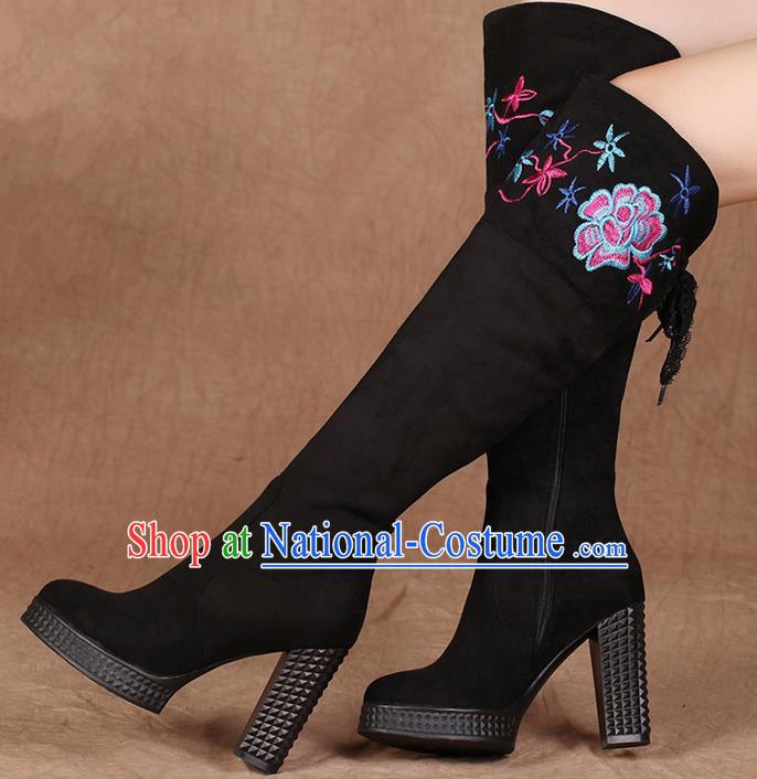 Traditional Chinese Folk Dance Shoes, China Female Embroidered Shoes, Chinese Minority Nationality Embroidery Knee High Boots for Women