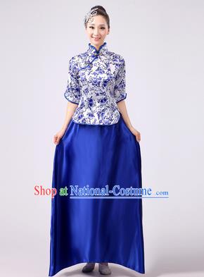 Traditional Chinese Modern Dancing Costume, Female Chorus of Blue and White Porcelain Dress, Folk Dance Yangko Costume For Women