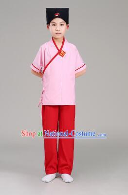 Han Fu For Children Chinese Traditional Dress Short Sleeves Stage Show Ceremonial Costumes Green Top Blue Pants