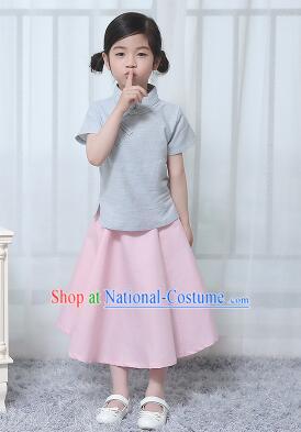 Chinese Style Dress Min Guo Student Dress Girl Female Kids Show Costume Stage Clothes Blue Top Pink Skirt