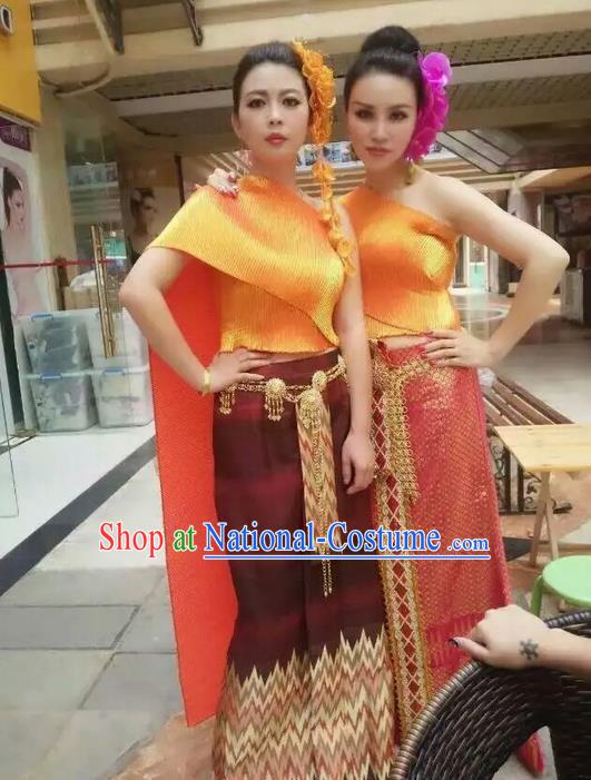 Traditional Asian Thai Wedding Costume Complete Set, Thai Wedding Black Fungus Edge Shawl, Thai Silk Fabrics Suit for Women