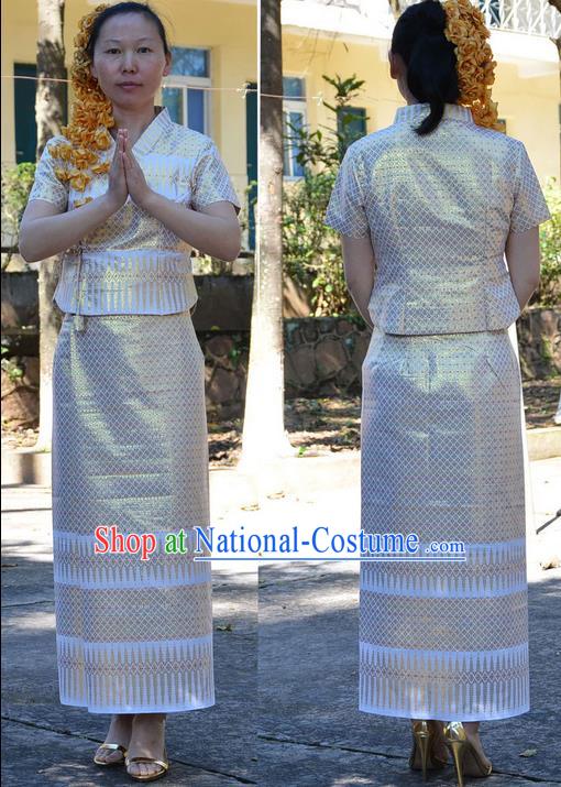 Traditional Asian Thai Costume Complete Set, Thai Waitress High Grade Silk Gold Thread Fabrics Suit for Women