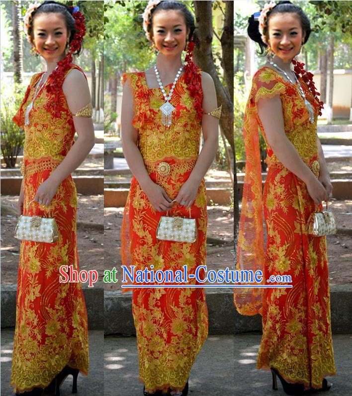 Traditional Asian Thai Palace Princess Wedding Double Gauze Costume Complete Set, Thai Shawl Royal Court Embroidery Clothing for Women